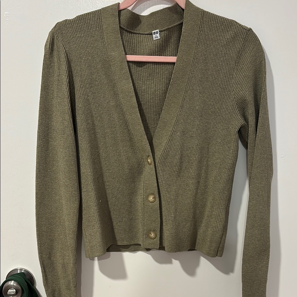 Uniqlo: Olive Green Ribbed V-Neck Button Cardigan Sweater